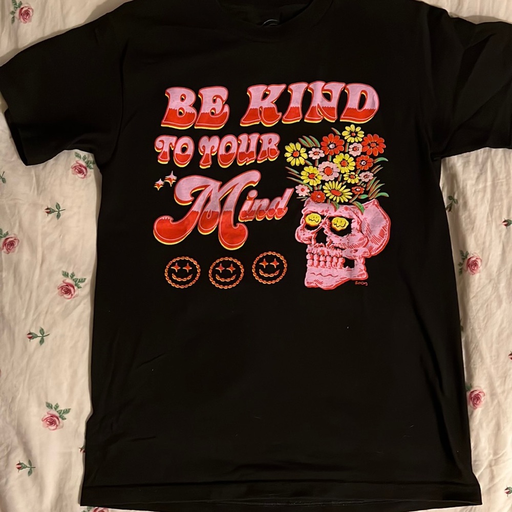 Be Kind To Your Mind Black Graphic Tee with Pink & Red Skull Design